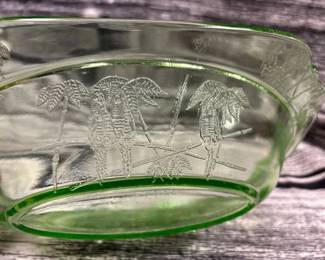 Vintage green depression celery dish, Parrot