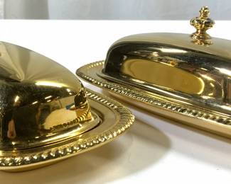 Pair Gold Toned Metal Lidded Butter Dishes W Glass
