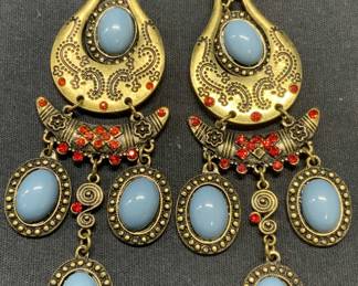 Gold Tn Blue Cabochon Chandelier Earrings
