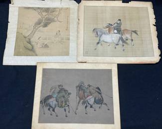 3 Hand Painted Stamped Asian Figural Scenes
