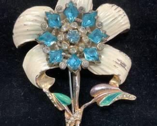 Vintage Enamel & Crystal Flower Brooch, Jewelry
