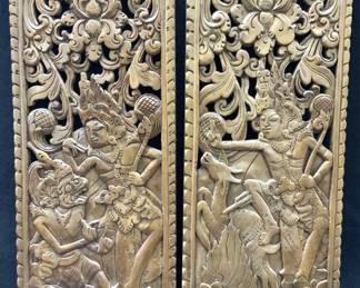 Pr Signed G&N 1992 Carved Wood Asian Deity Panels
