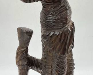 African Man with Walking Stick Carved Wood Statue
