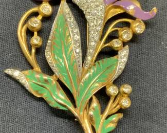 Vintage Gold Tn Enamel Crystal Flower Brooch 3In
