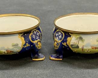  2Antq Staffordshire Enamel Pastoral Salt Cauldrons
