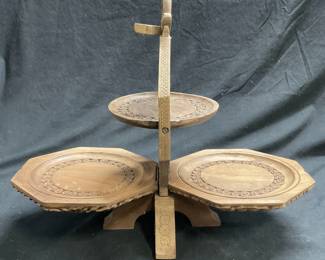 Vintage Hand Carved Folding 3-Tier Server
