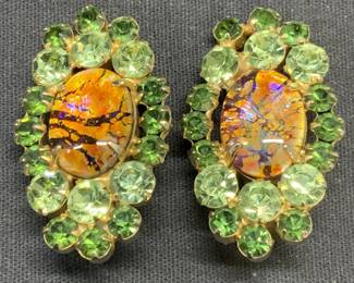 Vtg Gold Tone Green Crystal Statement Earrings
