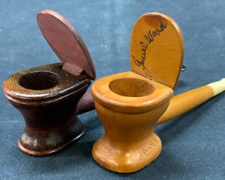 2 Vintage Carved Wooden Toilet Figural Pipes, Sgnd
