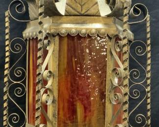 Gilt Iron Slag Glass Pendant Light Chandelier 14in
