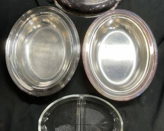 2 Oval Silver Plated Serving Dishes W Glass Insert
