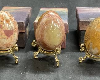 3 Brown Agate Stone Eggs with Stands. Pakistan.
