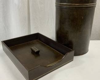 Lot 2 Leather Lined Tray & Bin W Gilt Piping
