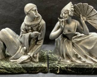 Pr Art Deco Pierrot Marble Bookends, France
