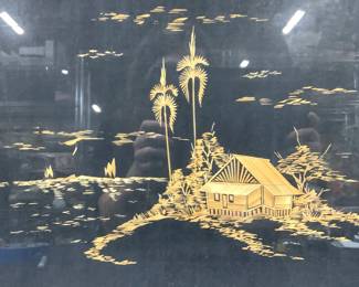 Framed Bamboo Crafted Asian Image On Fabric
