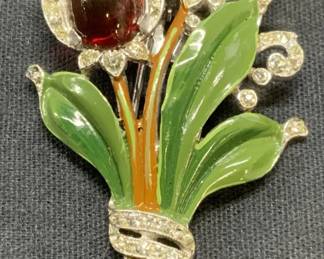 Vintage Trifari Enameled Crystal Flower Fur Clip

