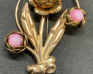 Vintage Gold Tn Pink Glass Flower Brooch 3In
