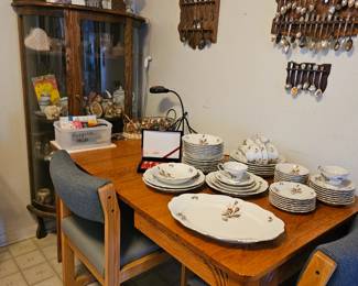 80's dining table and chairs and antique curved display cabinet