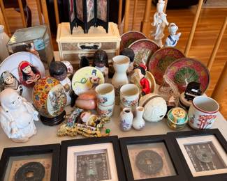 Box Lot#49 grouping of shadowbox plaques, brass peacock plates, sake cups and more