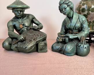 Pair of heavy green resin artisan figurines 12"H
