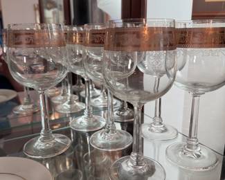Vintage Stolze stemware, etched with gold border, some wear