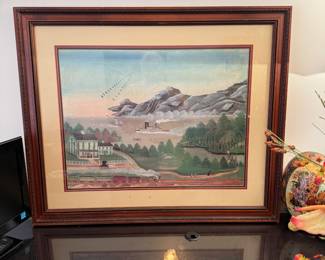 Framed print of riverboat behind a farm 30"H x 36"W