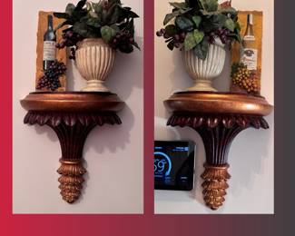 Pair of 12"H plastic wall shelves with grapes arrangement in resin vase with wine bottle plaques 