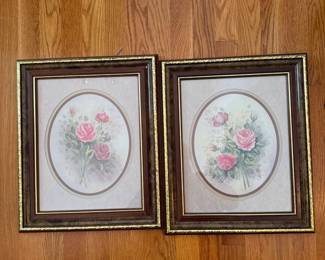 Pair of pink rose floral prints 16" x 13"