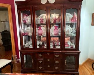 Tall lighted china cabinet (2-piece) with glass shelving above and below, 3 drawers, plate rails, 7'4"H x 5'8"W x 14"D