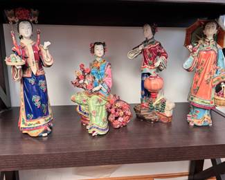 Shelf of decorative items including museum replica pottery figurines, several have damage to fingers, otherwise in good condition 11"H