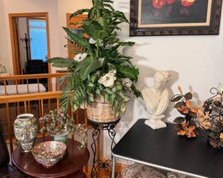 Metal plant stand with large faux planter arrangement, stand is 22"H x 12"W, plant is 42"H