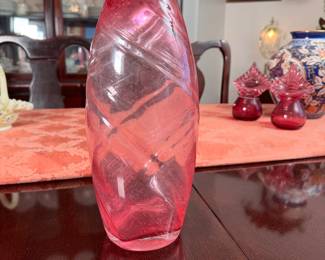 Tall blown glass pink vase with a tapered opening 12"H