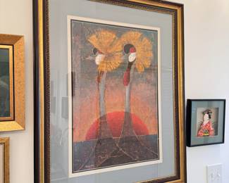 Large framed print with foil accents of two birds at sunset 36"H x 28"W