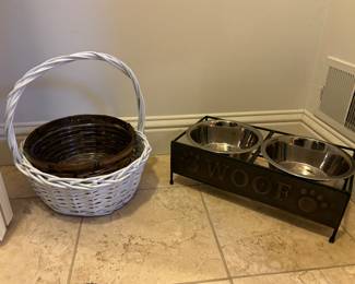 Dog bowls, basket