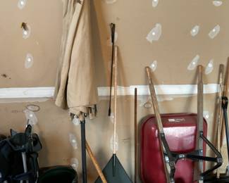 Umbrella, Wheelbarrow, rakes, folding bag chairs