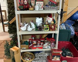 Plastic shelving, Christmas lights and decor