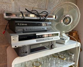 VCR, DVD, fan, canning jars