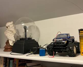 Vintage owl statue, remote control car, plasma ball