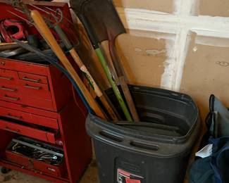 Lawn and garden tools, trash can, tool box
