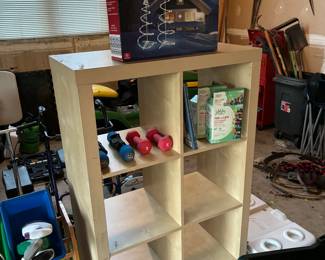 Cube shelving, free weights, Christmas lights