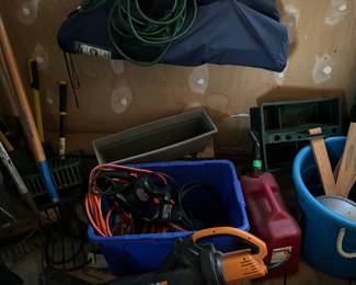 Blowers, leaf vac, bag chairs, hedge trimmers, extension cords
