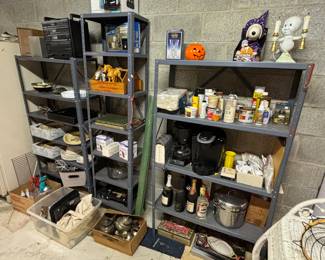 Metal shelving, coffee pots, stereo equipment, pots, pans,