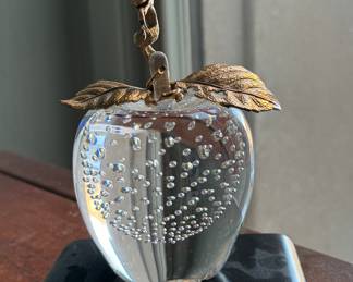 Steuben "Apple of Eden," Crystal Bubble Apple with 18K Gold Snake & Stand.