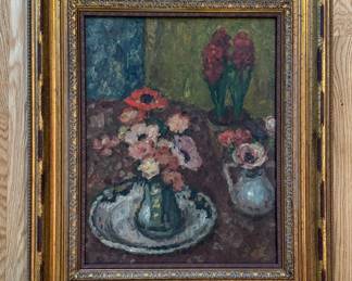 "Fleurs," Oil on Board. Signed by Artist, Georges D'Espagnet (1870 - 1950). Measures 13 6/8" x 17 6/8"; 21.5" x 26" With Frame. Photo 1 of 2.