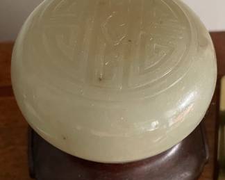 Carved Jade Ink Box on Stand. "10,000 Symbol." Measures 3" D x 2" H. Photo 1 of 2.
