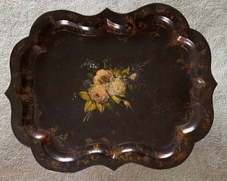 Vintage Papier Mâché Scalloped Tray Table on Faux Bamboo Base. Measures 32" x 25" x 19" H. Photo 2 of 3.