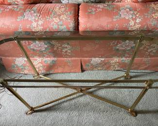 Vintage Brass Console with Hoofed Feet & Glass Topper. Measures 48" W x 16" D x 25" H. Photo 2 of 4.