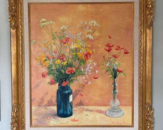 "Deux Bouquets au Soleil," Oil on Canvas. Andre Vignoles, Signed. Measures 23.5" x 25" H; 29" x 33" Including Frame. Photo 1 of 2.