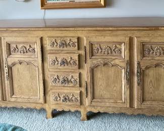 Baker Furniture Louis XV Hand Carved White Oak French Provincial Sideboard with Brass Hardware. Measures 84" W x 20" D x 34" H. Photo 1 of 3.