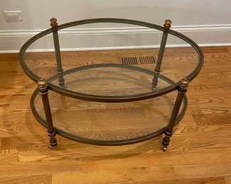 Baker Furniture Style Double Glass Shelf Brass Frame Cocktail Table on Casters. Measures 36" W x 24" D x 20" H. Photo 1 of 3.