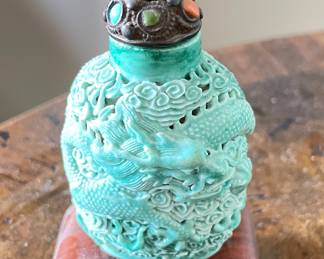 19th Century Blue Snuff Bottle Dragon & Peony.